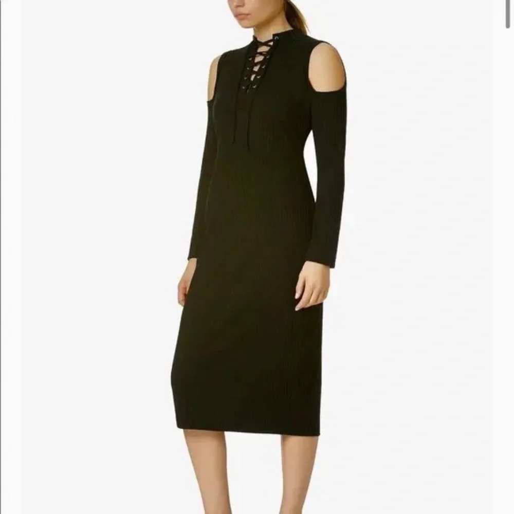 Avec les filles lace-up cold shoulder midi dress black, Size S